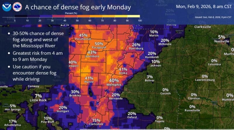 Potential dense fog along Mississippi River early Monday ⚠️There is a chance (30-50%) of dense fog along and west of the MS river early Monday morning