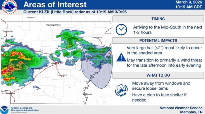 Storm cluster in southwest Arkansas moving into Mid-South, hail threat persists The cluster of storms over southwest Arkansas will arrive to the Mid-South in the next 1-2 hours