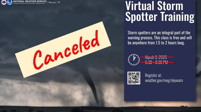 Virtual weather spotter class canceled due to severe weather threat The virtual spotter class for this evening has been canceled due to the threat of severe weather