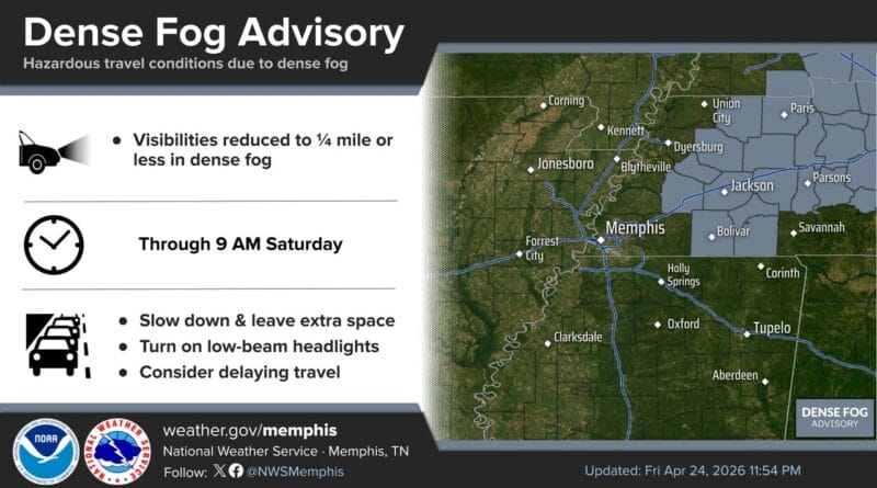 Dense fog advisory issued for parts of western Tennessee through 9 a.m. A Dense Fog Advisory is in effect for portions of west TN through 9 AM