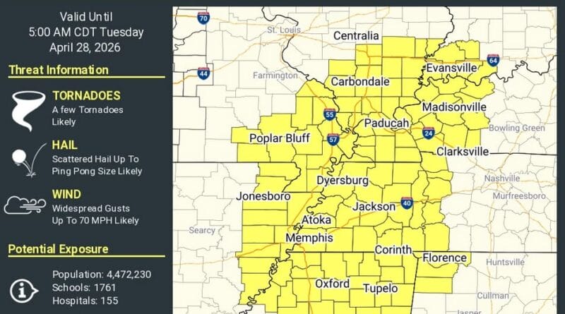 Tornado watch issued for parts of eight states until early Tuesday A tornado watch has been issued for parts of Alabama, Arkansas, Illinois, Indiana, Kentucky, Mississ