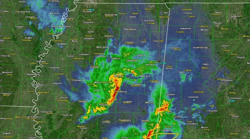 Radar detects Mesoscale Convective Vortex in central Mississippi Radar update 9:30 PM: this feature rotating in central MS is called a Mesoscale Convective Vortex