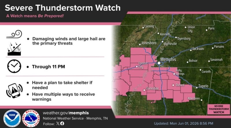 Severe Thunderstorm Watch Extended Until 11 PM for Parts of Arkansas and Mississippi A severe thunderstorm watch has been extended until 11 PM for parts of eastern AR and northern MS
