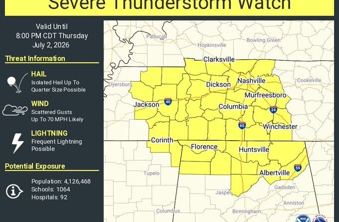 Severe Thunderstorm Watch in Effect for Tennessee River Valley Through 8 p.m. A Severe Thunderstorm Watch is in effect across the Tennessee River Valley through 8 pm