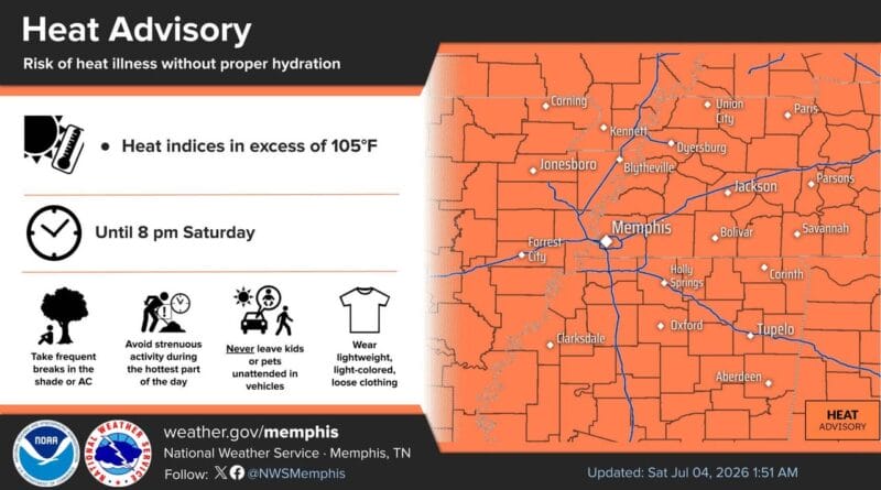 Heat Advisory in effect through Saturday evening with high heat index values A Heat Advisory is in effect through 8 PM Saturday for heat index values between 105°-109°
