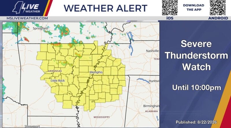 Severe Thunderstorm Watch Issued for Parts of Mississippi Through 10 p.m. Now in effectโฆ Severe Thunderstorm Watch for portions of the area in MS until 10:00pm