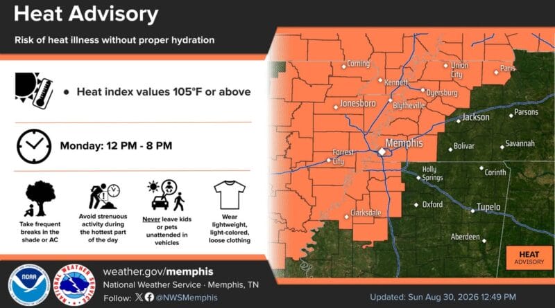 Heat Advisory Issued for Parts of Tennessee, Arkansas, Mississippi, and Missouri Photos from US National Weather Service Memphis Tennessee's post