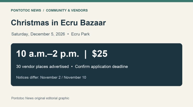 Christmas in Ecru bazaar seeks vendors; notices give different deadlines Original Ecru bazaar graphic: December 5, 10 a.m.–2 p.m., $25 vendor fee and 30 places advertised; November 2 and November 10 deadlines conflict.