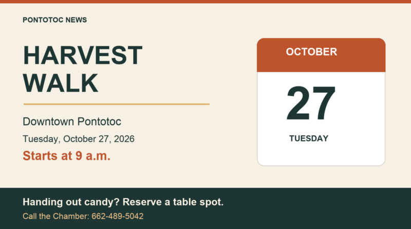 Harvest Walk set for Oct. 27 in downtown Pontotoc; candy tables invited Original event graphic showing Harvest Walk, downtown Pontotoc, Tuesday, October 27, 2026, at 9 a.m., with the Chamber’s table reservation number.