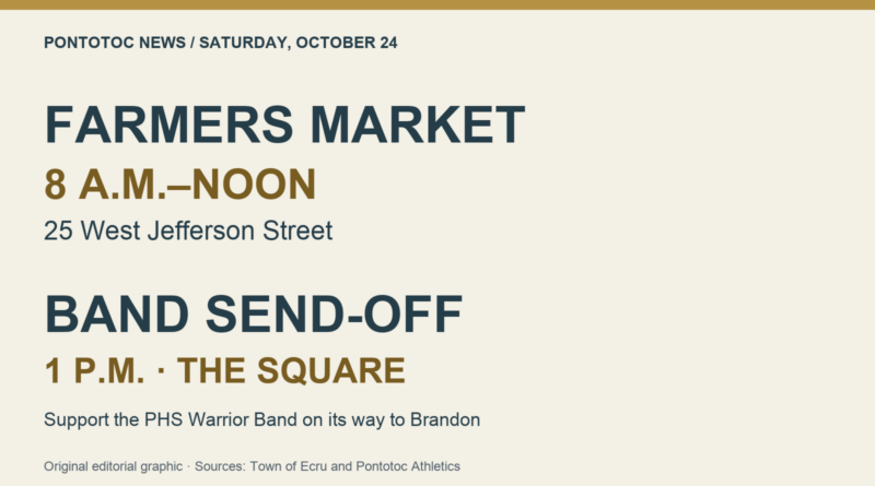 Saturday in Pontotoc: market until noon, band send-off at 1 Saturday Oct. 24 in Pontotoc: farmers market 8 a.m.–noon at 25 West Jefferson Street; PHS Warrior Band send-off 1 p.m. at The Square.