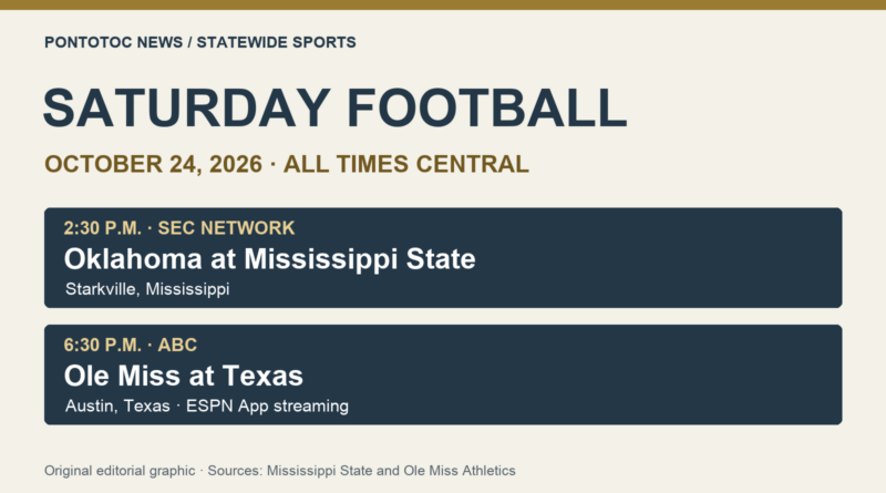 Statewide football: State hosts Oklahoma; Ole Miss visits Texas Oct. 24 Oct. 24 football, Central time: Oklahoma at Mississippi State, 2:30 p.m., SEC Network; Ole Miss at Texas, 6:30 p.m., ABC and ESPN App.
