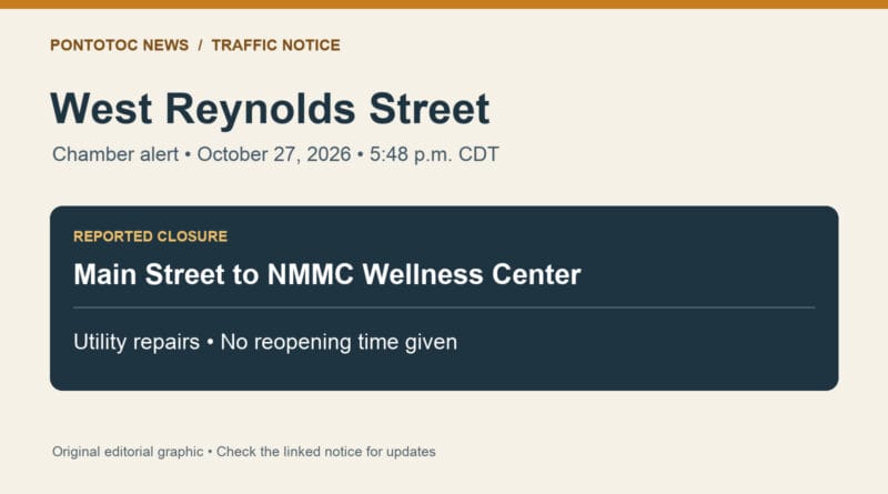 Chamber reports West Reynolds Street closure for utility repairs Original traffic graphic identifying the reported West Reynolds Street closure from Main Street to NMMC Wellness Center.