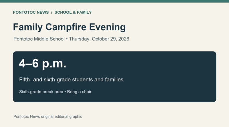 Pontotoc Middle family campfire evening set for 4–6 p.m. Thursday Original school-event graphic showing 4–6 p.m. October 29 at Pontotoc Middle’s sixth-grade break area for fifth- and sixth-grade families.
