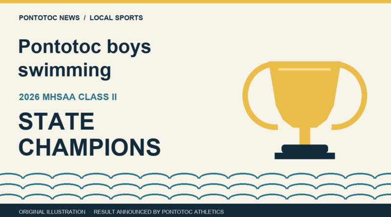 Pontotoc boys win 2026 Class II state swimming title Original illustration of a gold trophy and pool waves celebrating Pontotoc boys’ 2026 MHSAA Class II state swimming title.