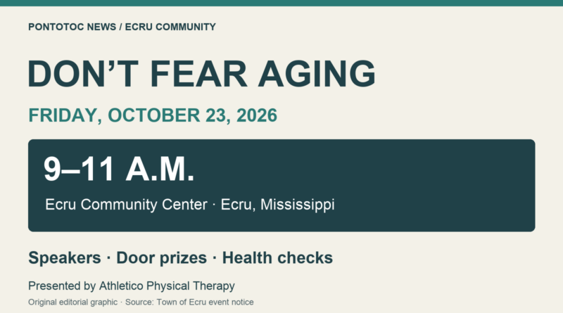 Ecru aging event offers speakers and health checks Oct. 23 Don’t Fear Aging: Friday, Oct. 23, 2026, 9–11 a.m. at Ecru Community Center; speakers, door prizes and health checks, presented by Athletico Physical Therapy.